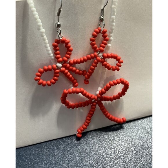 Dainty Beaded Red and White Bow Necklace and Dangle Earring Set - Picture 6 of 6